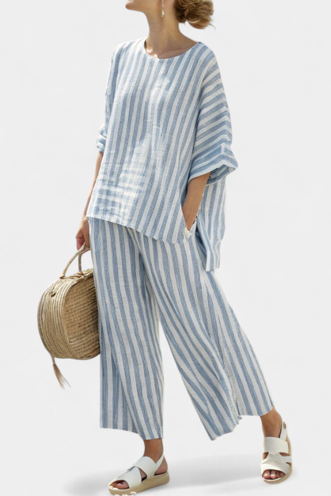 Rensleigh | Sophisticated Blue Striped Linen Top & Relaxed Pants