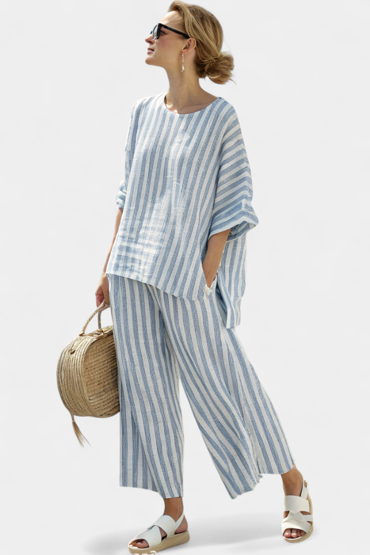 Rensleigh | Sophisticated Blue Striped Linen Top & Relaxed Pants