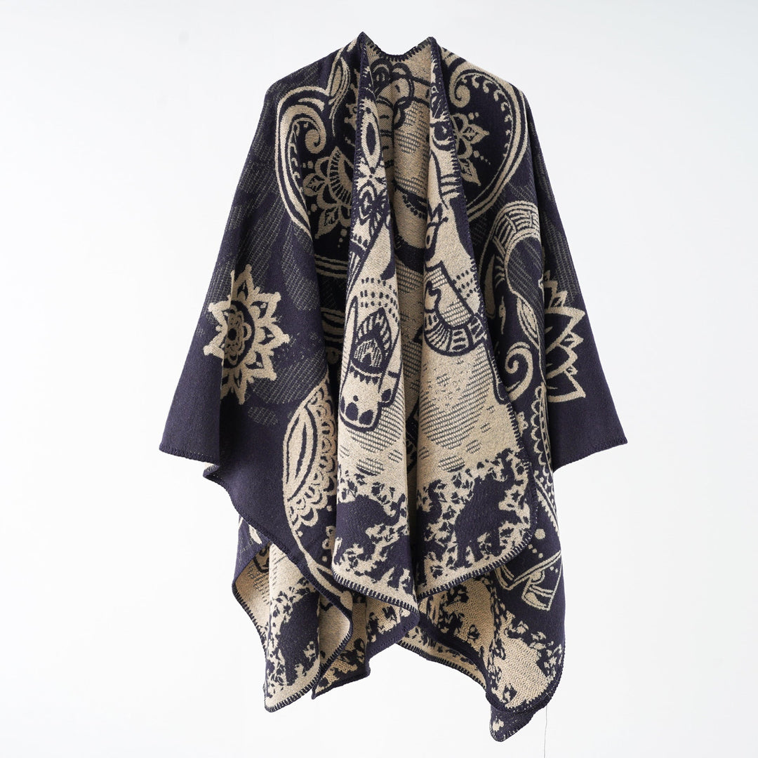 Women's Poncho with Floral Pattern and Fringes