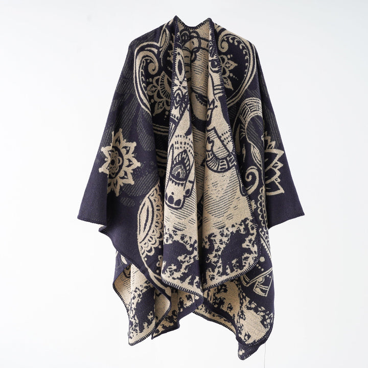 Women's Poncho with Floral Pattern and Fringes