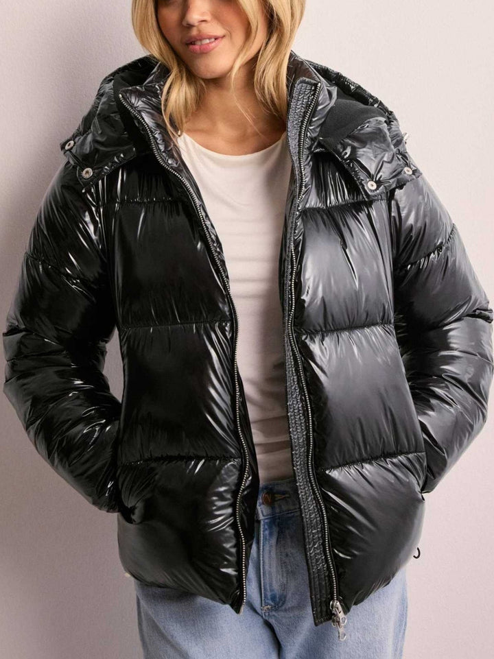 Women's Padded Jacket with Adjustable Hood and Zipper Pockets