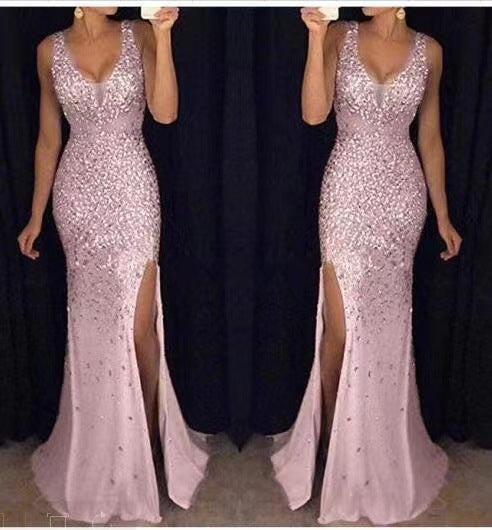 Women's Sleeveless V-Neck Ball Gown with Sparkle & Slit