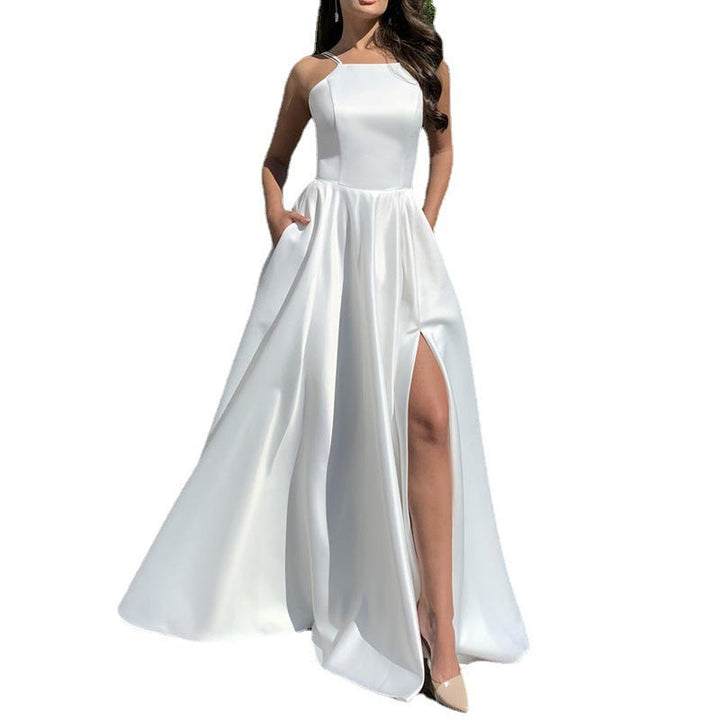 Ladies Evening Dress with Sophisticated Leg Slit and Slim Straps EB