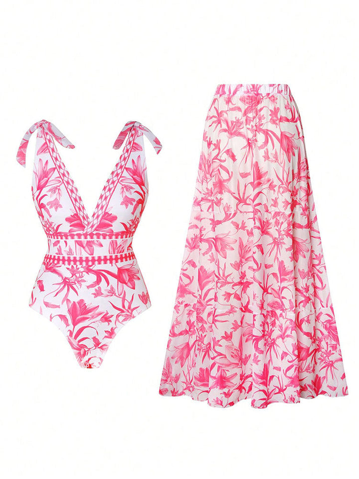 Women's Swimsuit with Floral Design and Matching Maxi Skirt EB