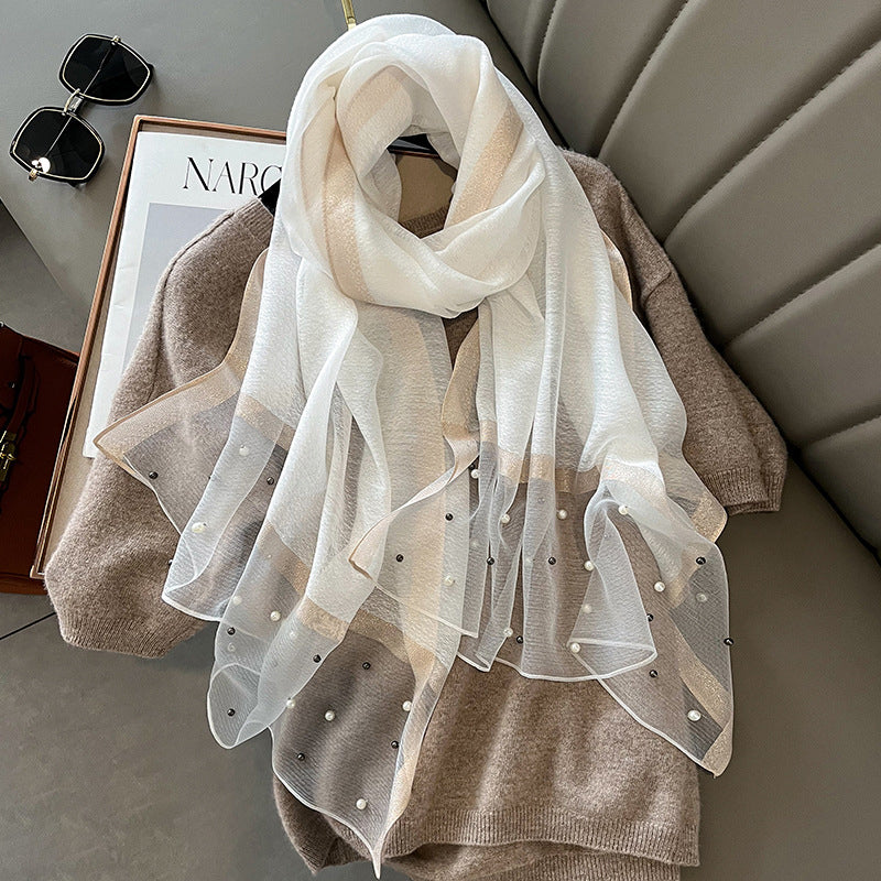 Elegant Scarf Decorated with Pearls