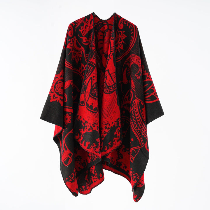Women's Poncho with Floral Pattern and Fringes