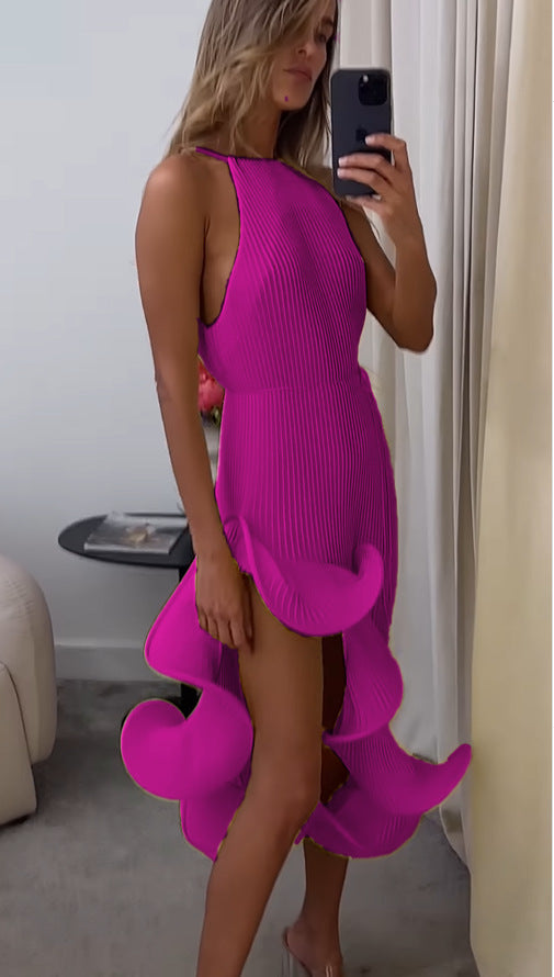 Women's Asymmetrical Ruffle Pleated Maxi Dress