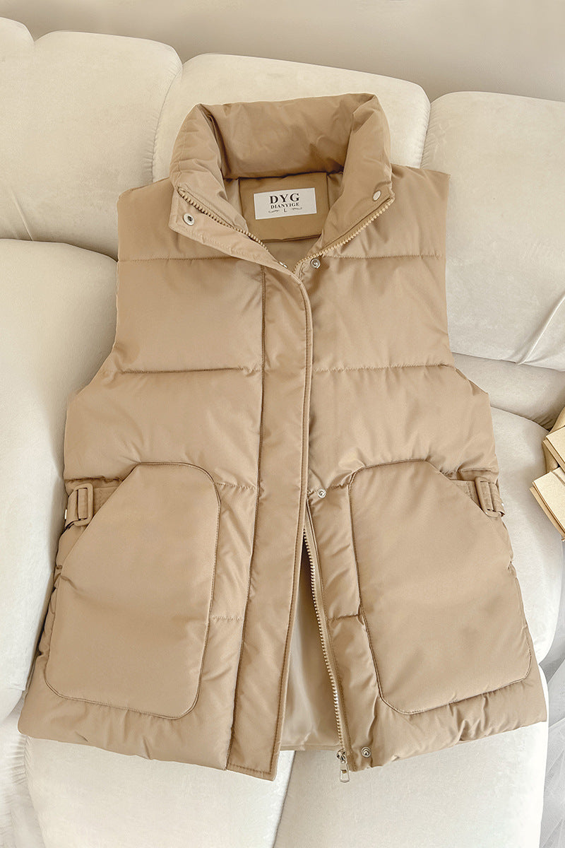 Women's Padded Utility Vest with Stand-Up Collar and Large Flap Pockets