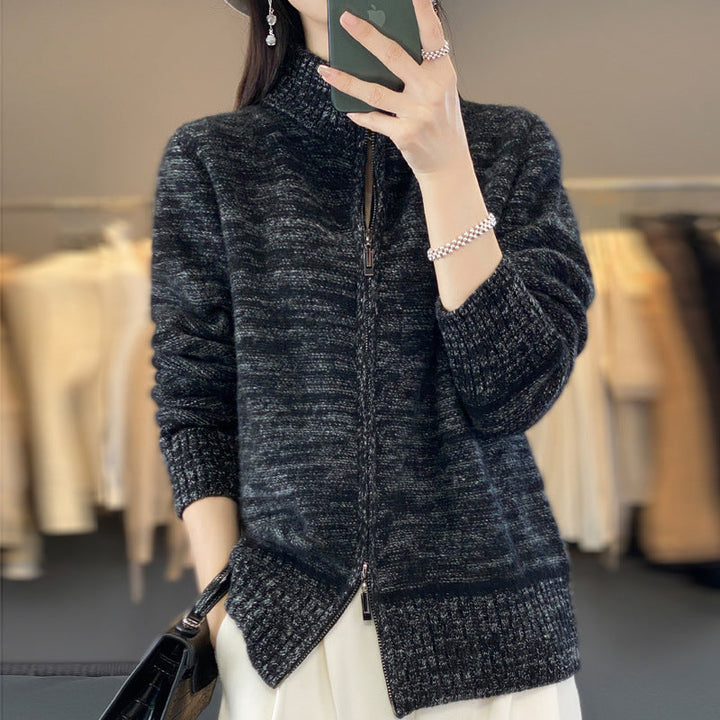 Women's Zip-Up Cardigan with Stand-Up Collar