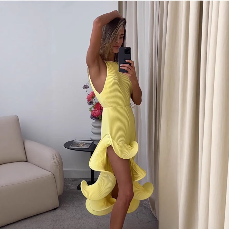 Women's Asymmetrical Ruffle Pleated Maxi Dress