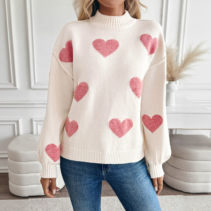 Women's Sweater with Heart Intarsias and Stand-Up Collar
