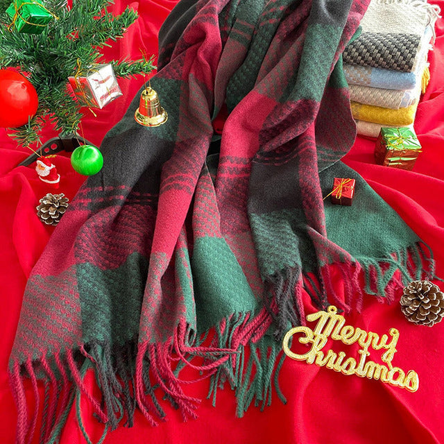Fringed Scarf with Christmas Plaid Print