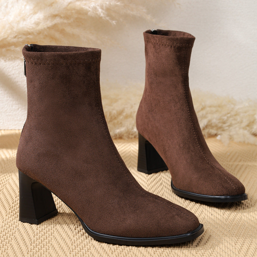 Women’s Suede Ankle Boots with Block Heel and Zipper