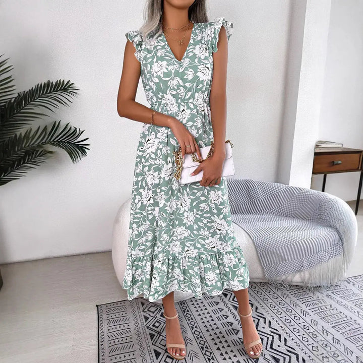 Summer Midi Dress for Women with V-Neck, Ruffled Sleeves, and Floral Pattern Elegant and Versatile, view 3 - Elena Harper