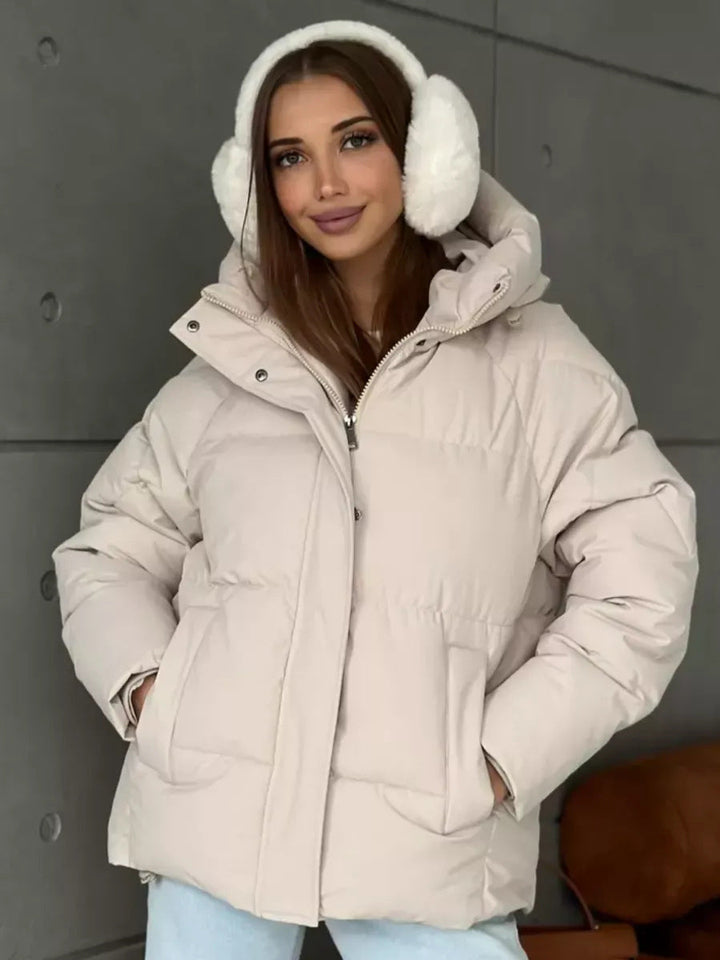 Women's Oversized Padded Jacket with Hood and Integrated Pockets