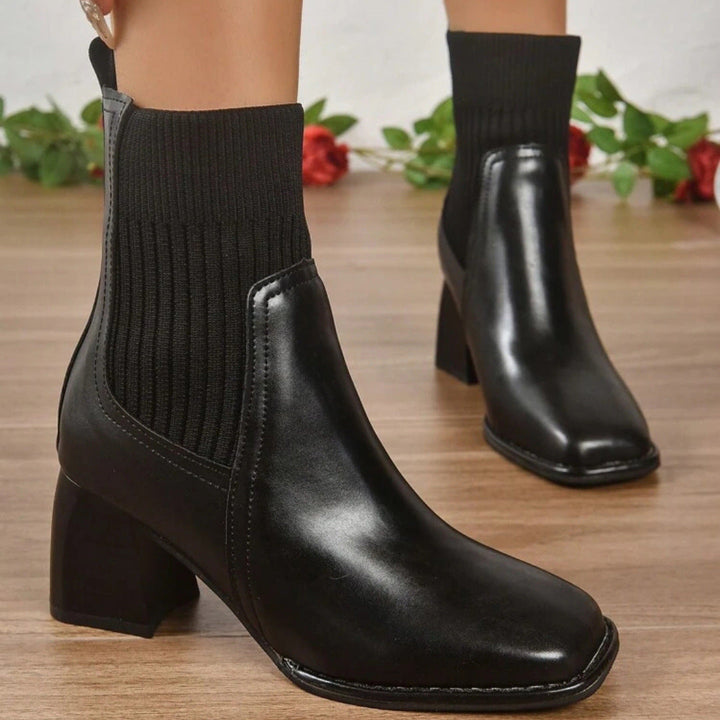 Women's Slip-On Ankle Boots with Block Heel and Knit Shaft
