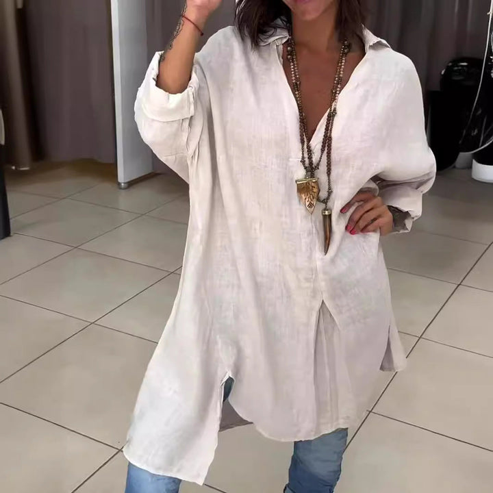 Women's Casual Button-Down Blouse with Roll-Up Sleeves