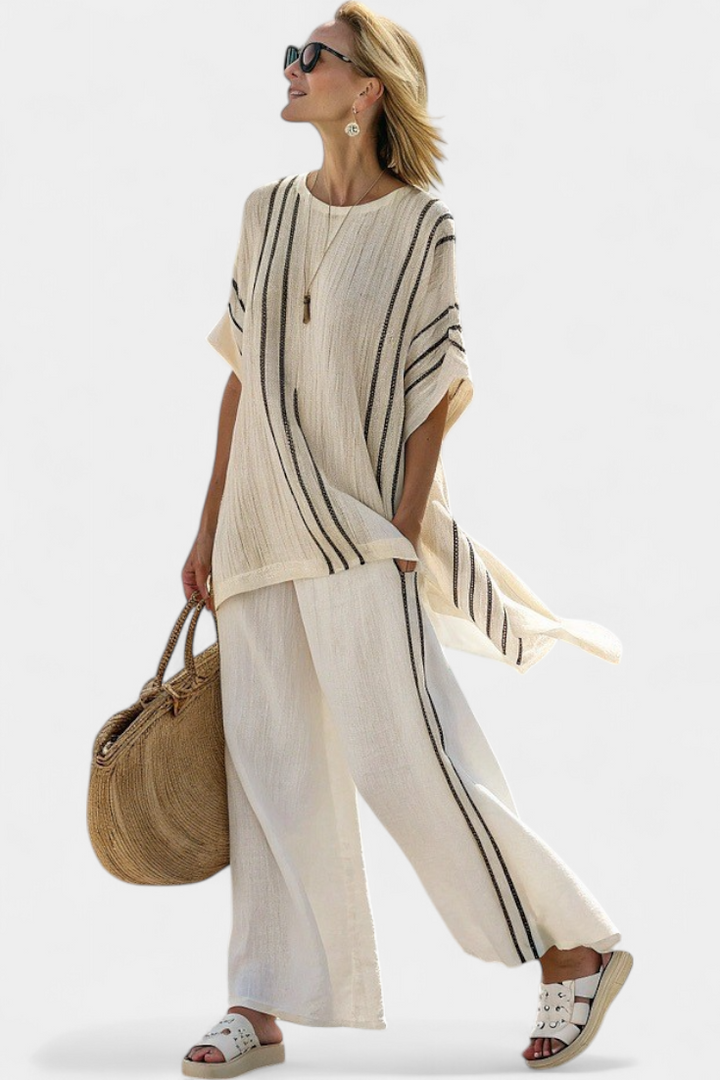 Greysen | Elegant Ivory Linen Blouse & Black Striped Pants