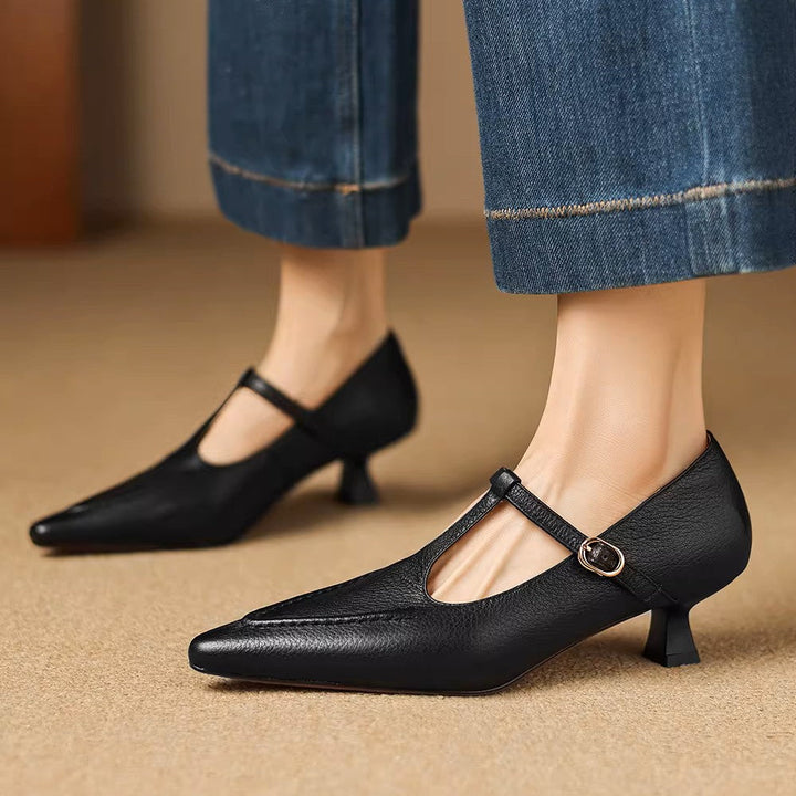 Women's Leather Kitten Heel T-Bar Shoes – Tirea