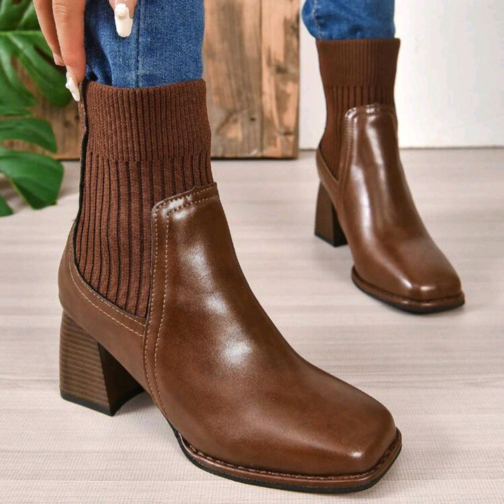 Women's Slip-On Ankle Boots with Block Heel and Knit Shaft