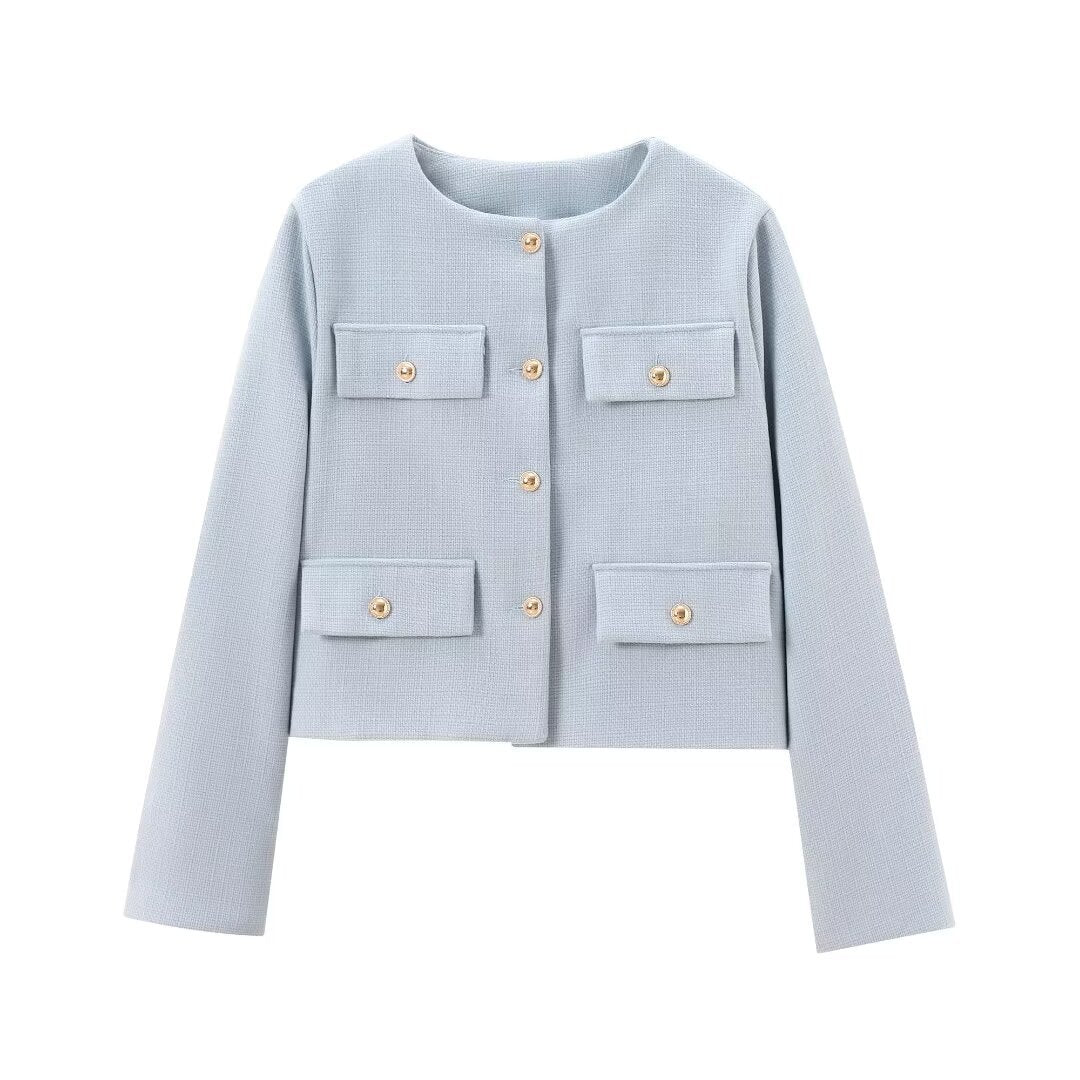Women's Elegant Textured Cropped Button-Up Jacket