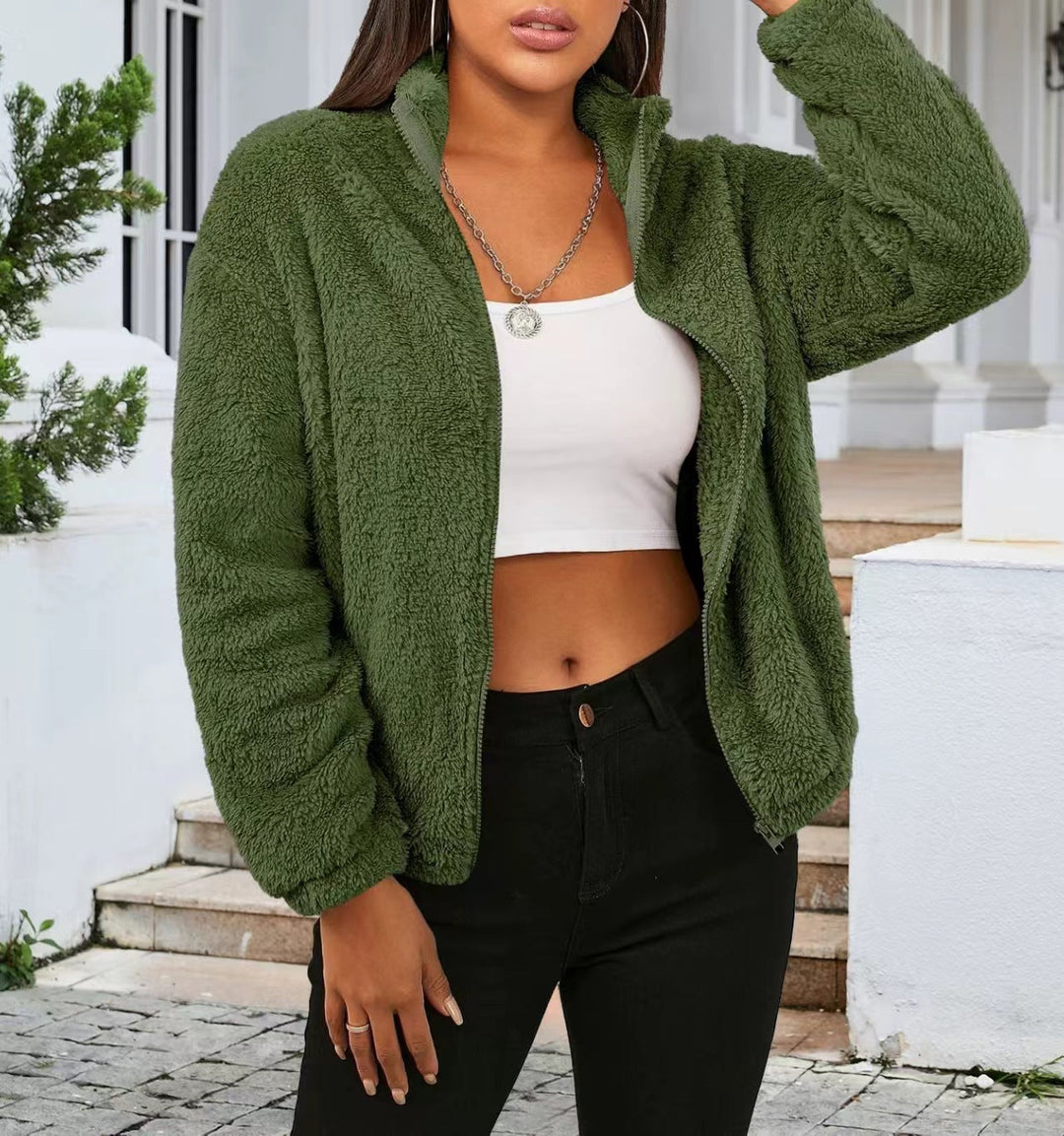 Women's Teddy Zip Jacket with High Collar and Relaxed Fit