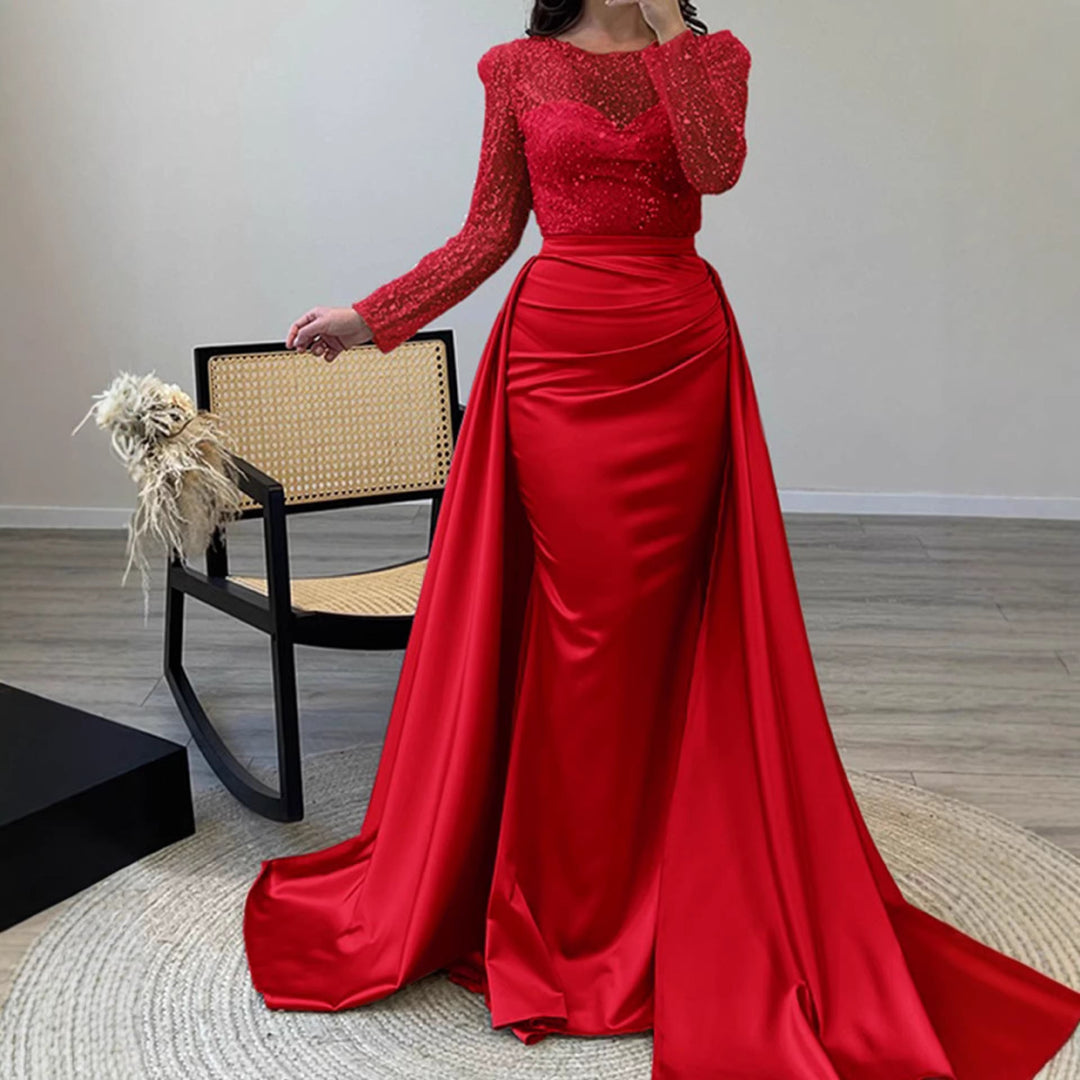 Women's Evening Dress with Sparkling Sequin Top and Elegant Satin Skirt EB