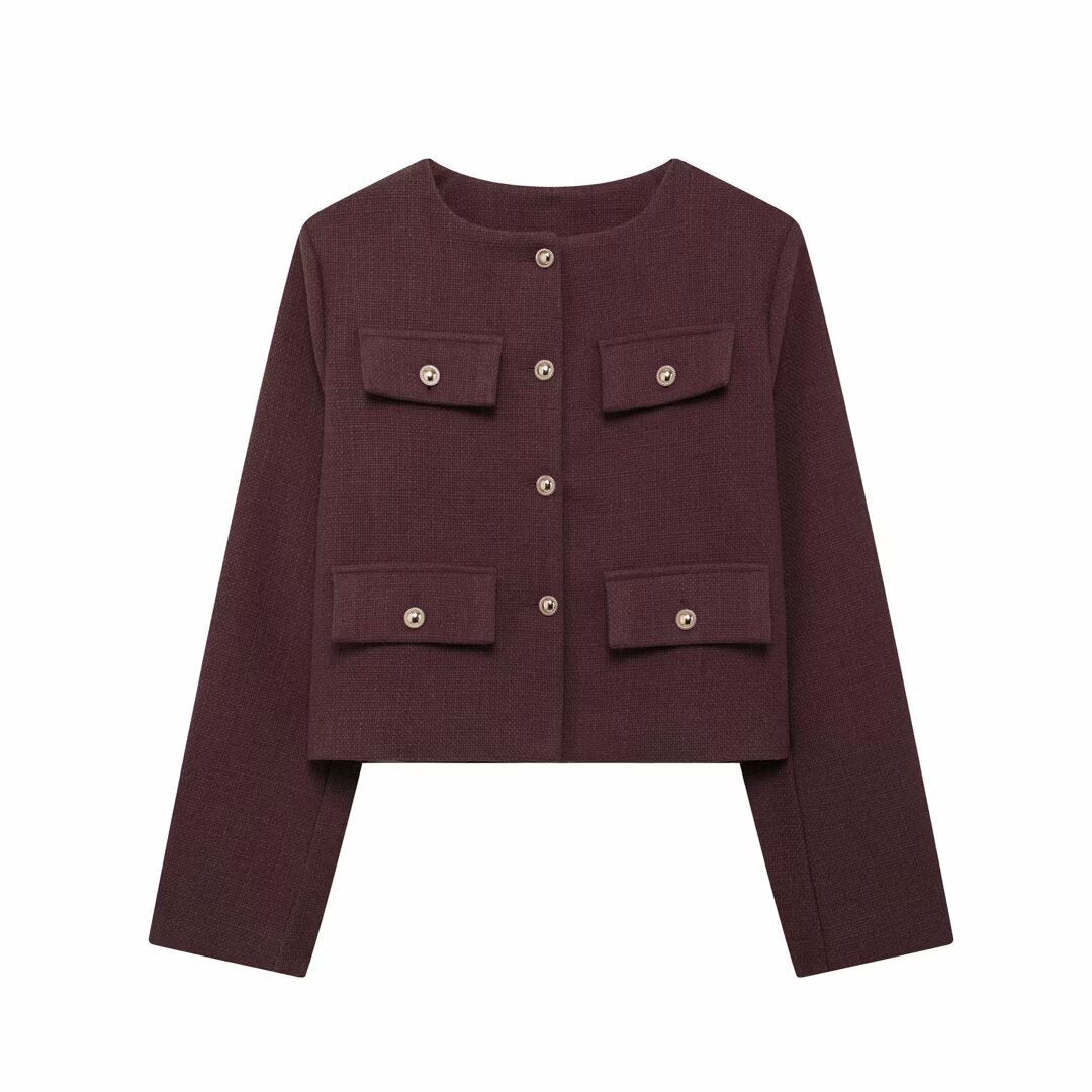 Women's Elegant Textured Cropped Button-Up Jacket