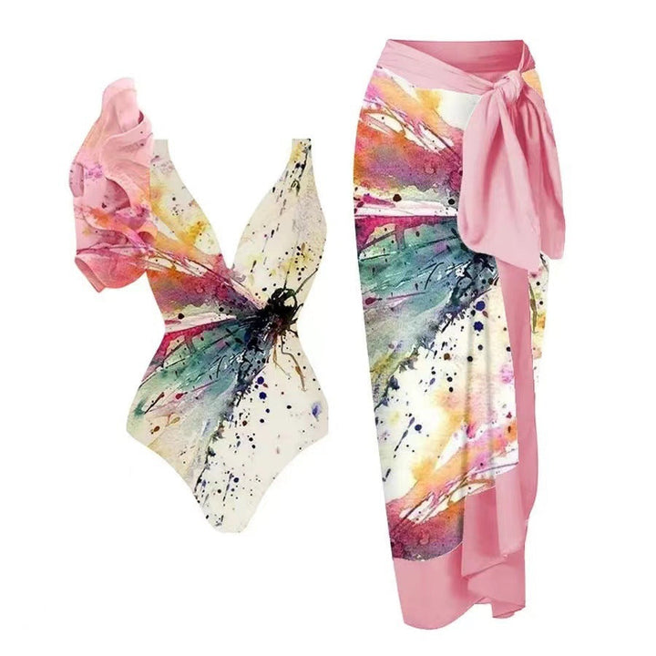 Women's Swimsuit Set with Floral Design and Elegant Wrap Skirt EB