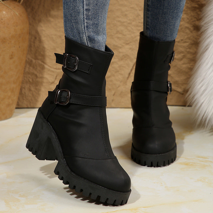 Buckle & Bloom Double-Buckle Chunky-Heel Ankle Boots - Elena Harper