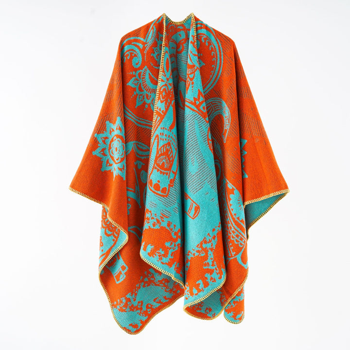 Women's Poncho with Floral Pattern and Fringes