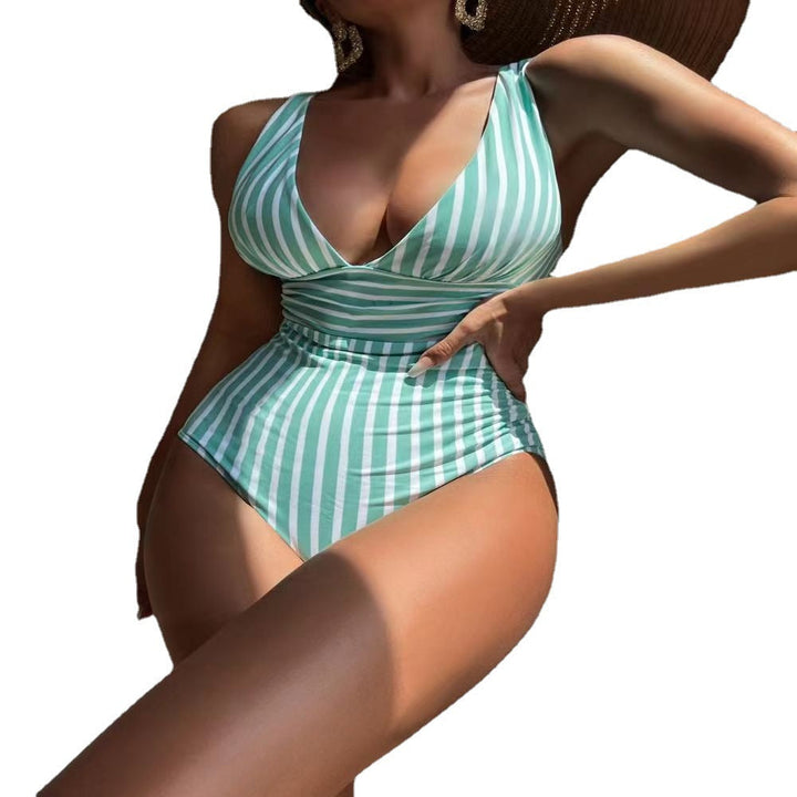 Women's Swimsuit with Deep V-Neck and Striped Pattern EB