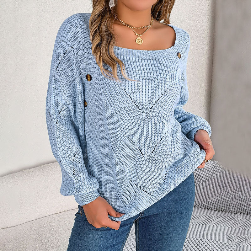 Women's Open-Knit Pullover Sweater with Balloon Sleeves