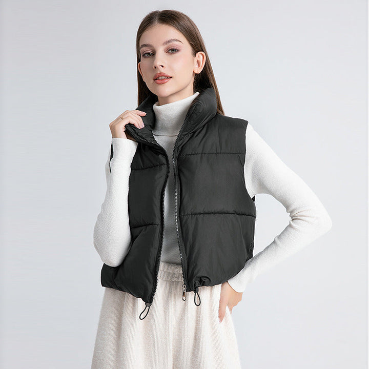 Women's Ultralight Short Padded Vest with High Stand-Up Collar and Drawstring