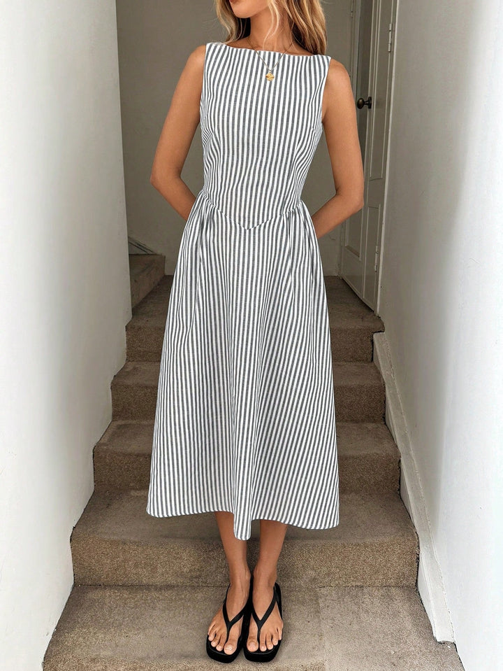 Women's Striped Midi Dress - Elegant Fitted Summer Style