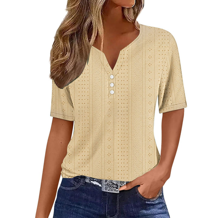 Women's Elegant Mesh Short Sleeve Blouse with Button Detail