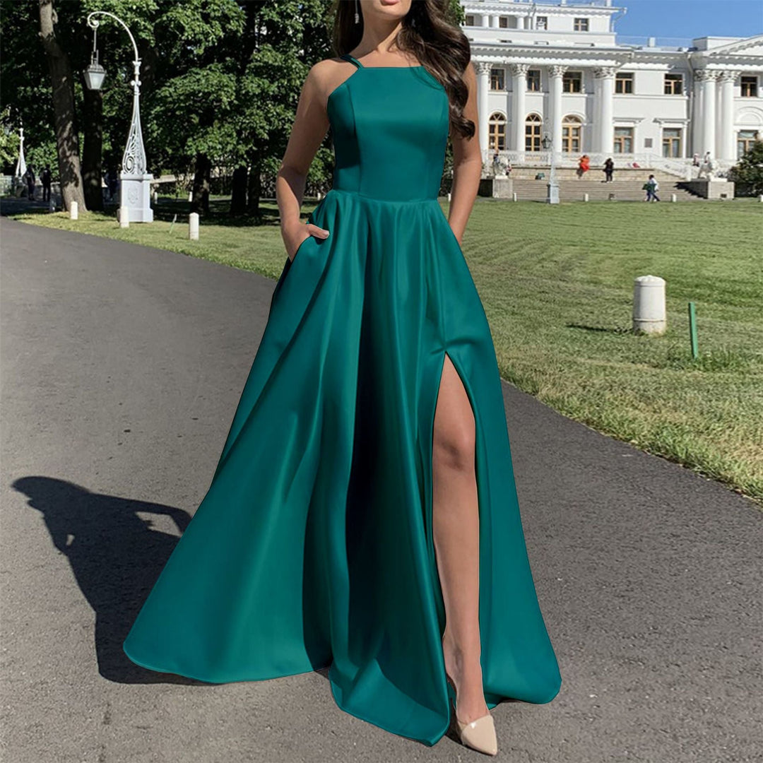 Ladies Evening Dress with Sophisticated Leg Slit and Slim Straps EB