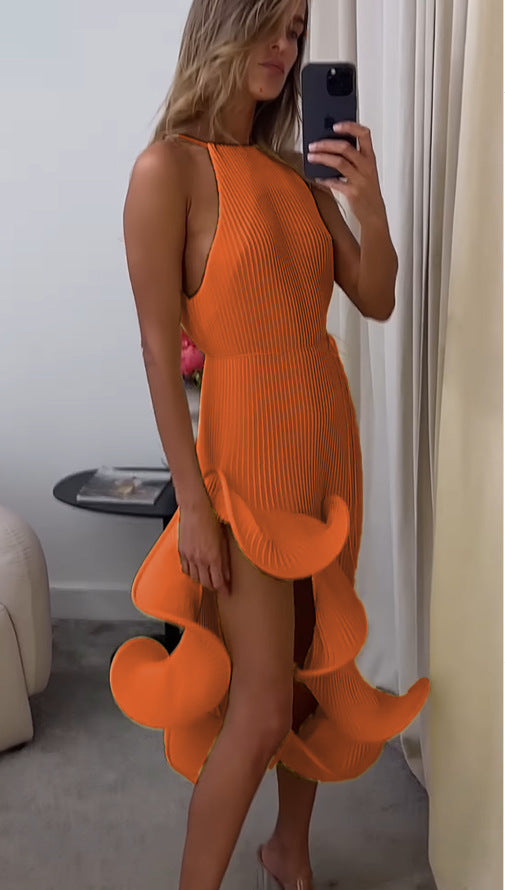 Women's Asymmetrical Ruffle Pleated Maxi Dress