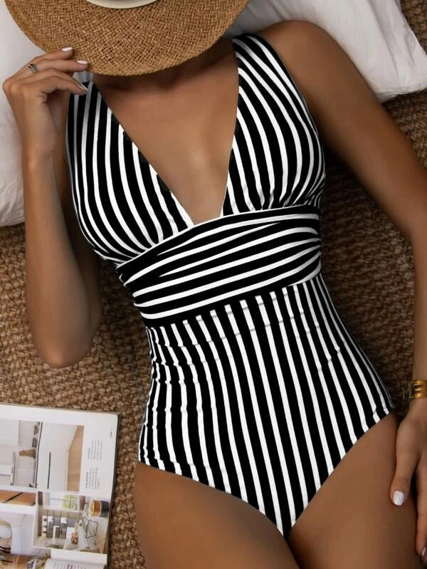 Women's Swimsuit with Deep V-Neck and Striped Pattern EB