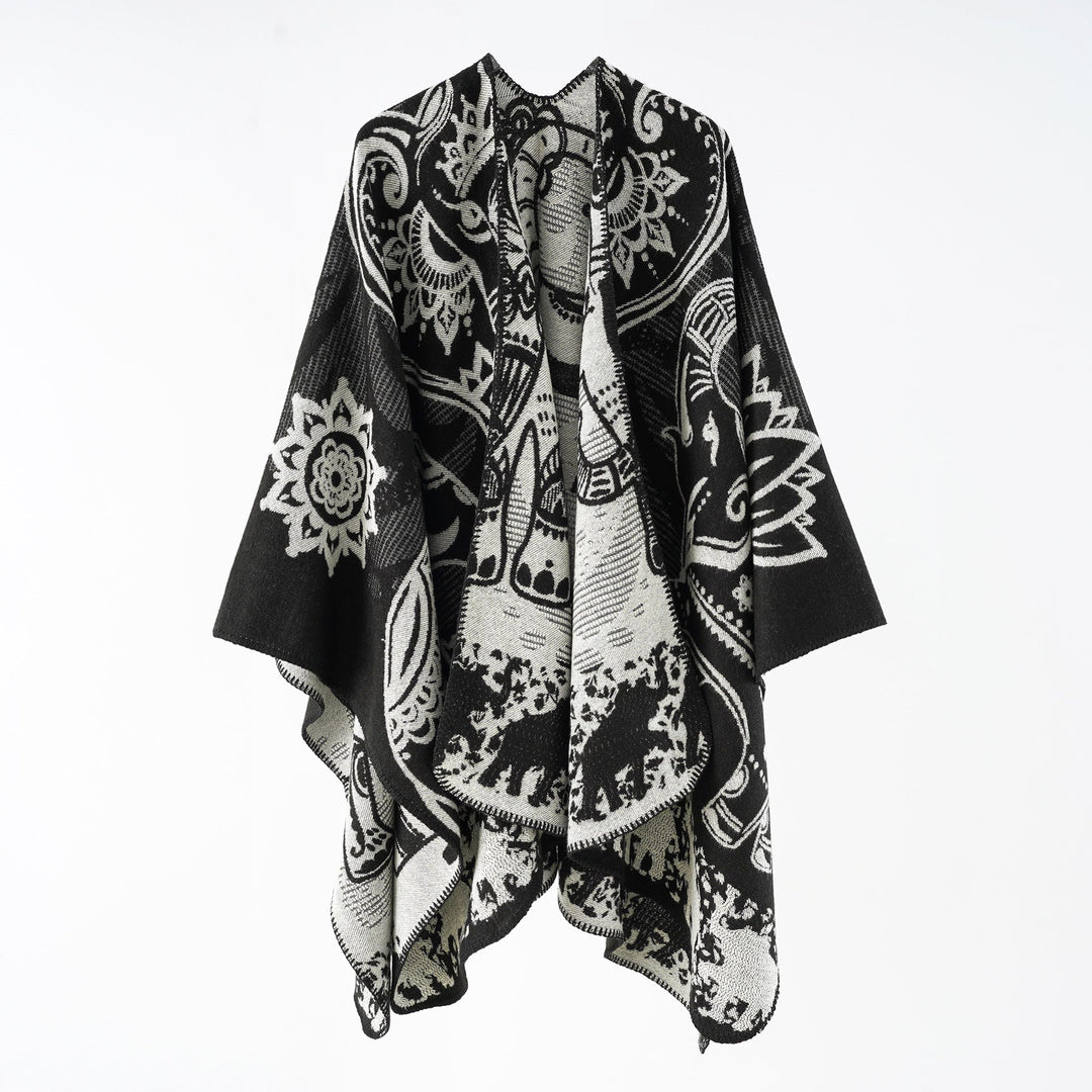 Women's Poncho with Floral Pattern and Fringes