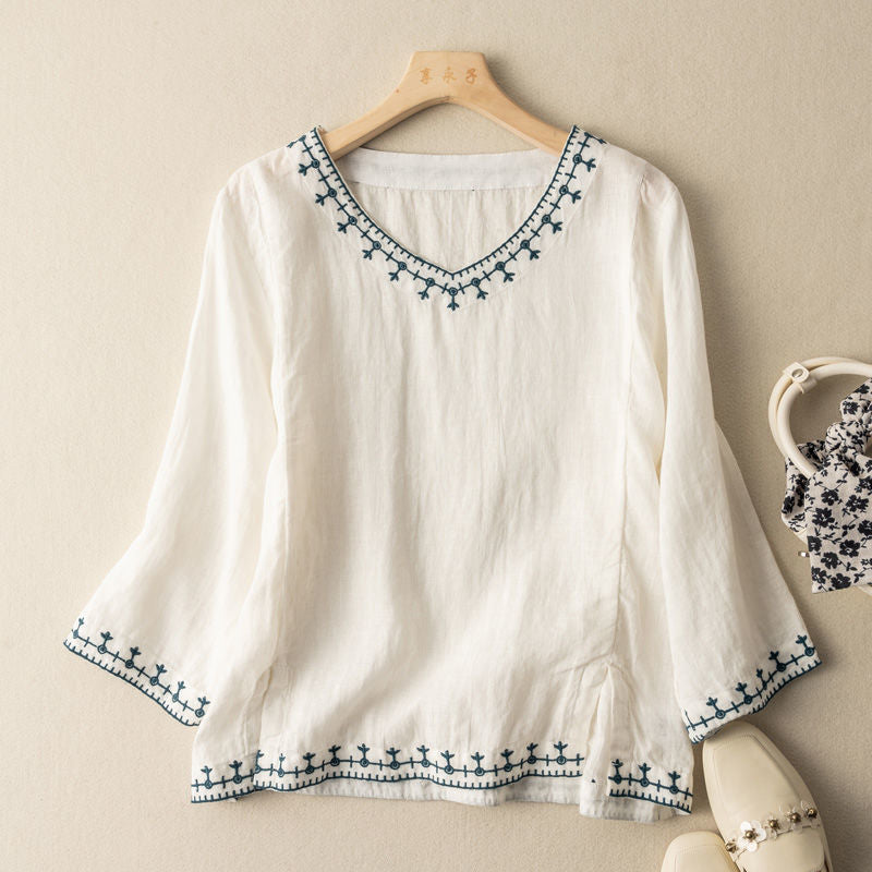 Nesta – Embroidered V-Neck Blouse