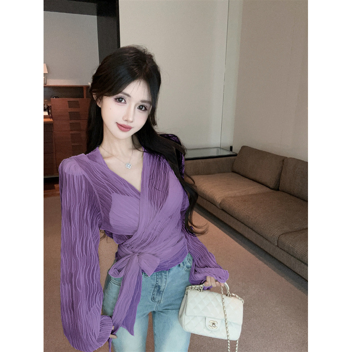 Bylle - V-neck Blouse with Bow and Ruffles