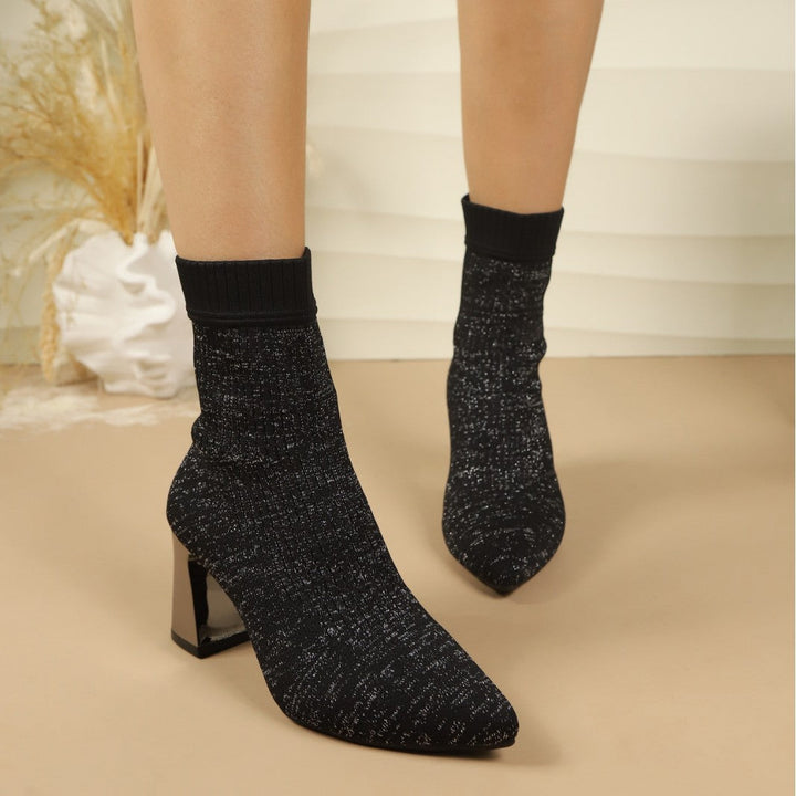 Women's Sock Ankle Boots with Block Heel and Ribbed Texture