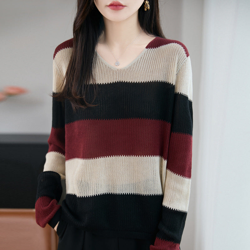 Women's V-Neck Sweater with Stripes