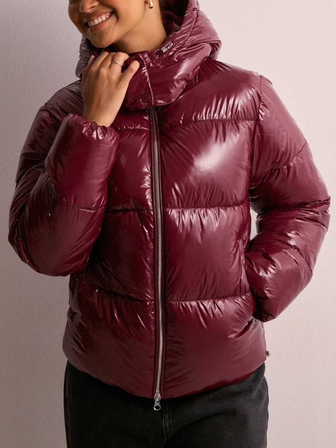 Women's Padded Jacket with Adjustable Hood and Zipper Pockets