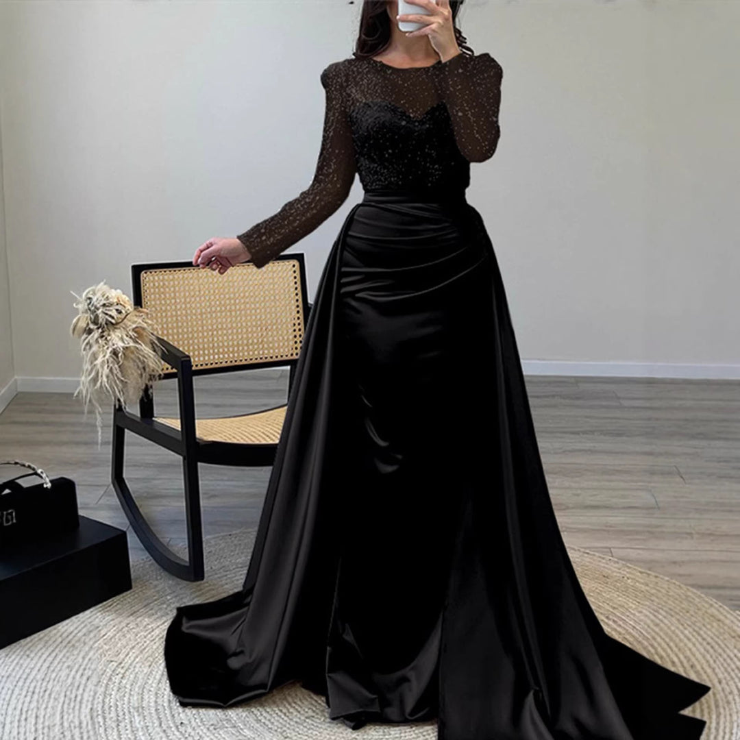 Women's Evening Dress with Sparkling Sequin Top and Elegant Satin Skirt EB