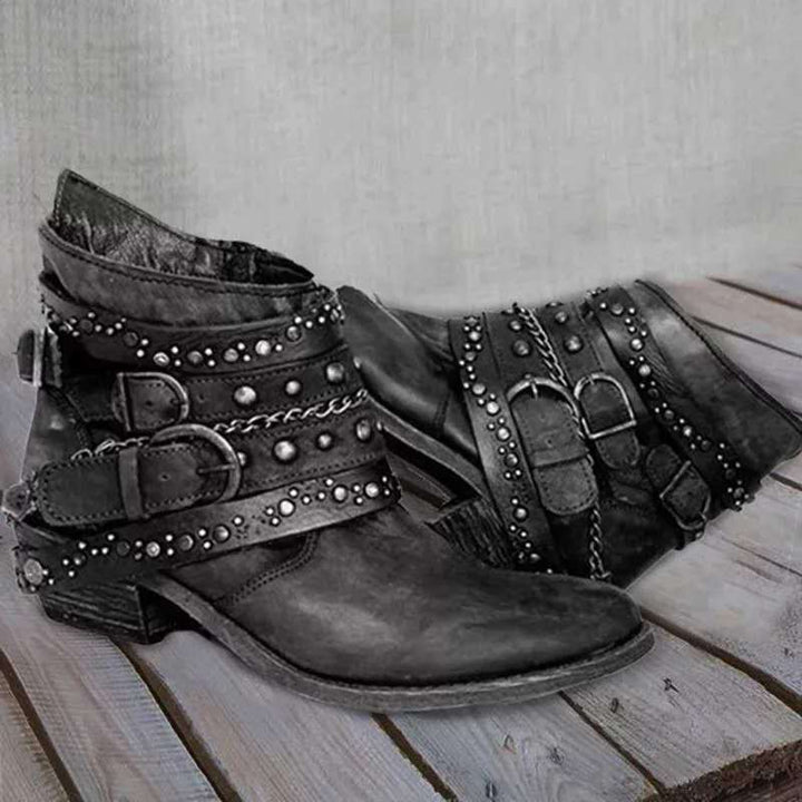 Women's Western Ankle Boots with Buckle Strap and Chains