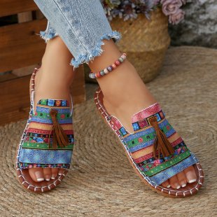 Women's Comfortable Tangle Sandals with Colorful Embroidery and Tassels EB