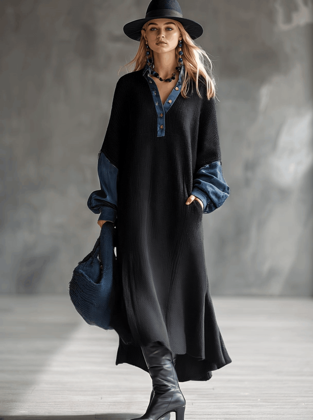 Fashionable Casual Black Knitted Denim Trim Maxi Dress
