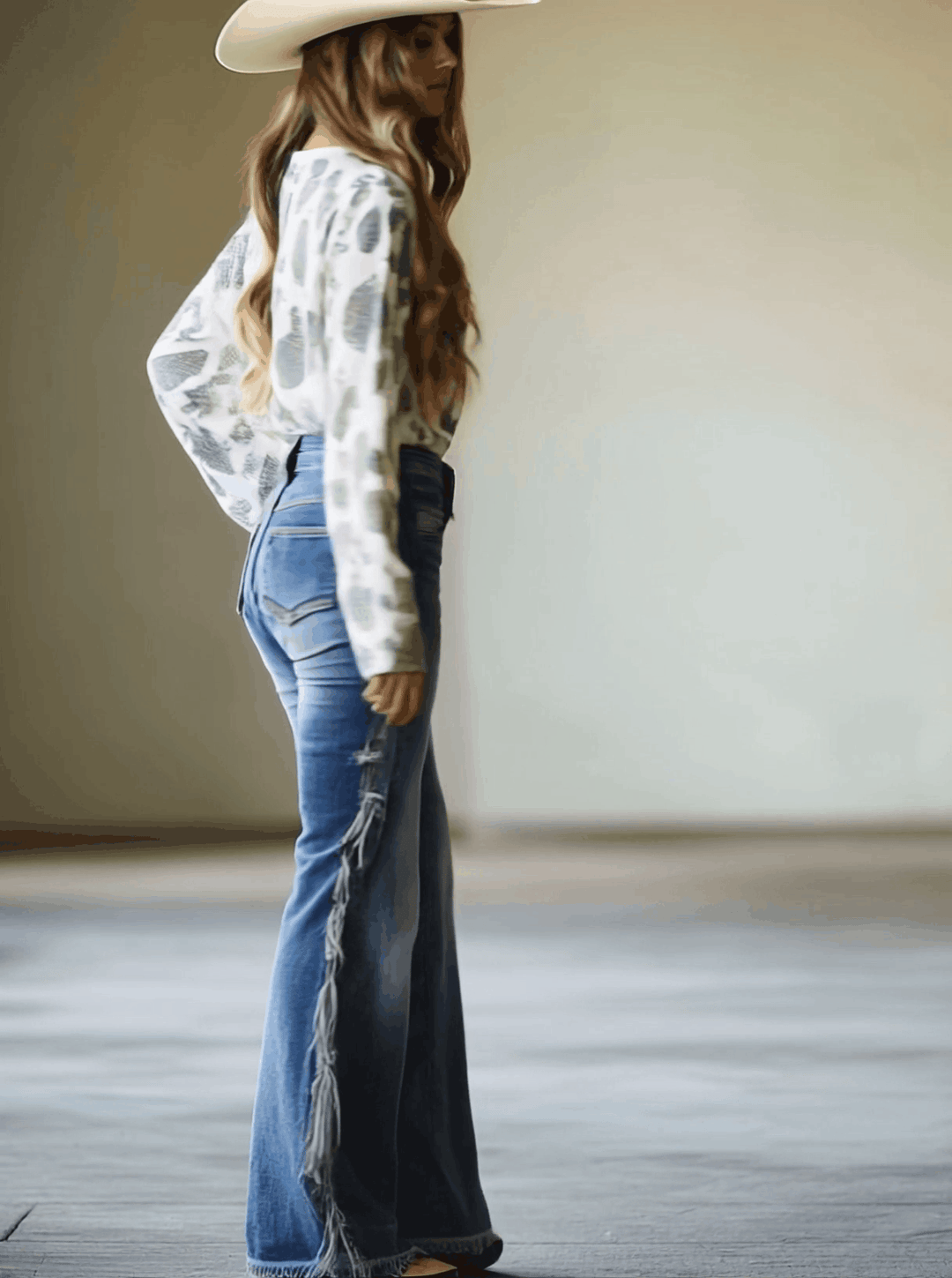 Vintage Blue Flared Fringe Jeans, view 3 - Elena Harper